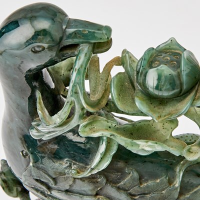 Lot 78 - A Chinese Spinach Jade 'Duck and Lotus‘ Box and Cover