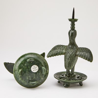 Lot 80 - A Pair of Chinese Spinach Jade 'Duck' Pricket Candlesticks