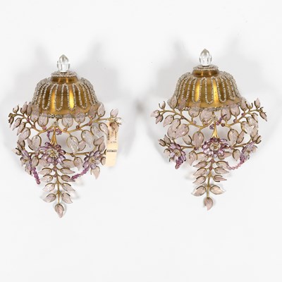 Lot 299 - Pair of Bagues Style Glass and Brass Two-Light Sconces