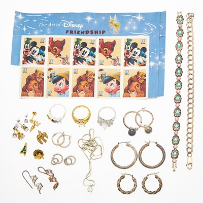 Lot 2124 - Group of Gold, Low Karat Gold, Gold-Filled, Silver and Metal Jewelry and Disney Stamps