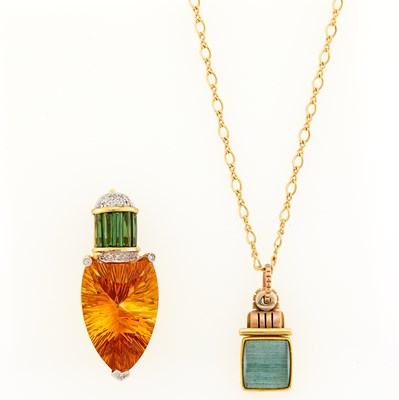 Lot 2033 - Tricolor Gold and Cabochon Aquamarine Pendant with Gold Chain Necklace and Gold, Citrine, Tourmaline and Diamond Pendant