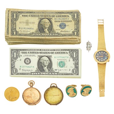 Lot 2126 - Group of United States Banknotes and Coins, Group of Gold Jewelry and Wristwatch