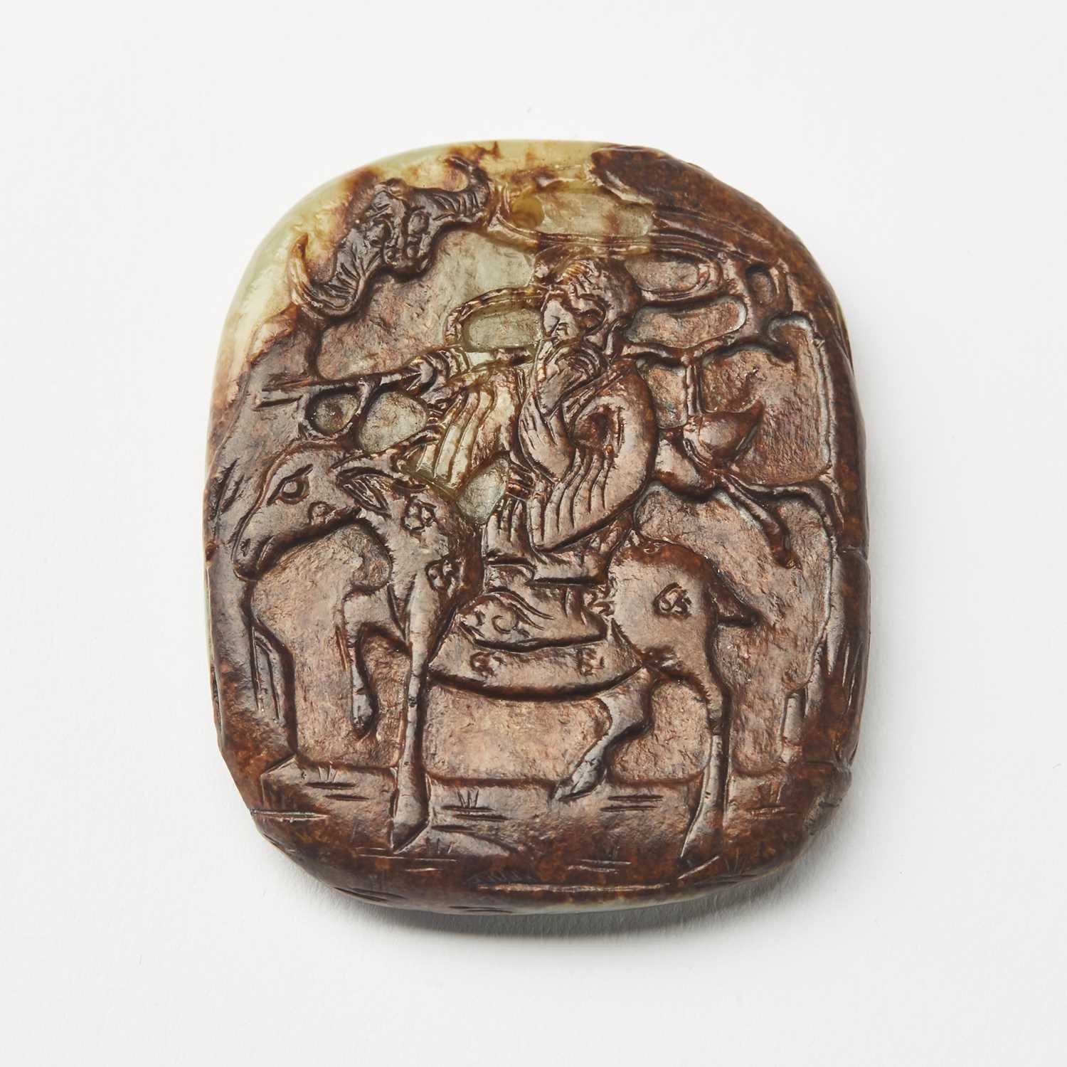 Lot 29 - A Rare Chinese Yellow Jade Pendant with Carving of Shoulao and Deer