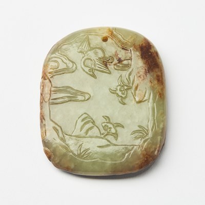 Lot 29 - A Rare Chinese Yellow Jade Pendant with Carving of Shoulao and Deer