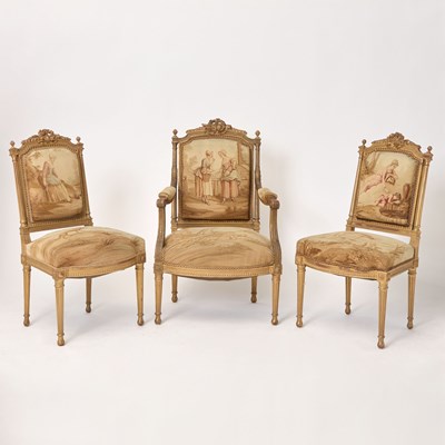 Lot 486 - Pair Louis XVI Style Upholstered Carved Giltwood Side Chairs