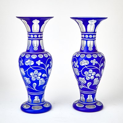 Lot 1099 - Pair of Cobalt Cased to White and Clear Cut Glass Vases