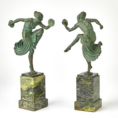 Lot 1105 - Pair of Bronze Dancers on Green Marble Bases