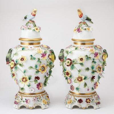 Lot 78 - Pair of Continental Schneeballen Porcelain Vases with Parrot Finials