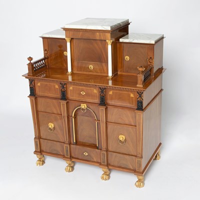 Lot 567 - Swedish Karl Johan Gilt-Bronze and Marble Mounted Parcel Ebonized Mahogany Bureau-Cabinet