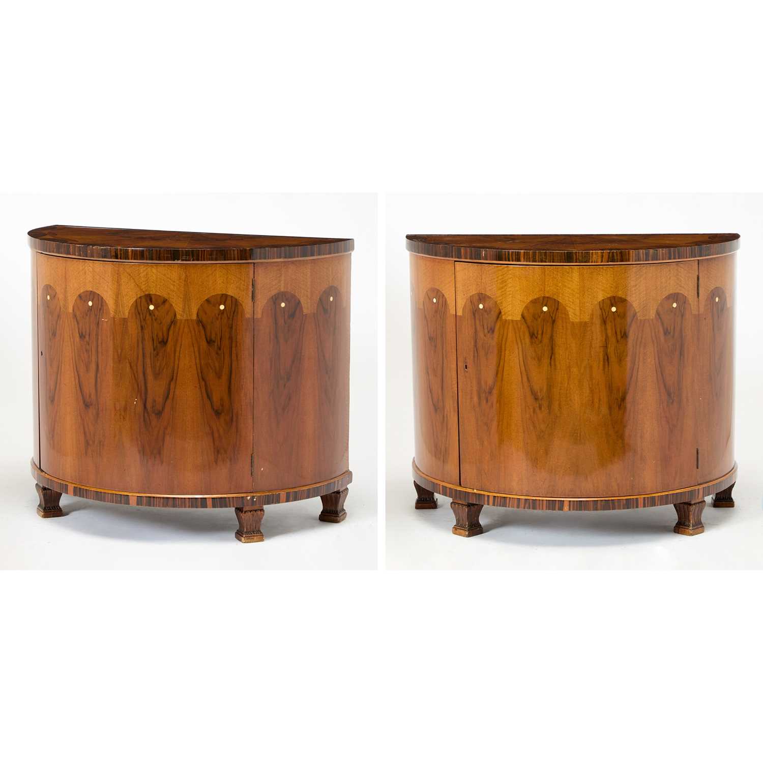 Lot 212 - Pair of Italian Art Deco Rosewood and Macassar Ebony Demilune Cabinets