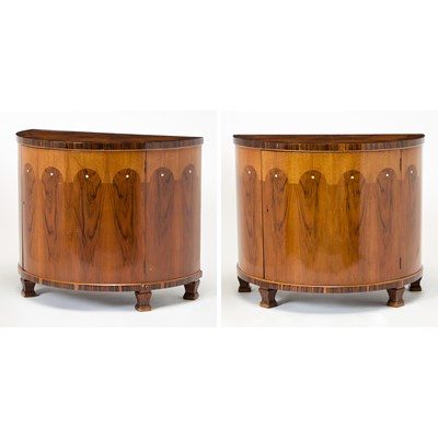 Lot 212 - Pair of Italian Art Deco Rosewood and Macassar Ebony Demilune Cabinets