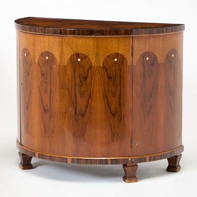 Lot 212 - Pair of Italian Art Deco Rosewood and Macassar Ebony Demilune Cabinets