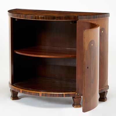 Lot 212 - Pair of Italian Art Deco Rosewood and Macassar Ebony Demilune Cabinets