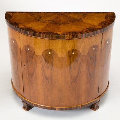 Lot 212 - Pair of Italian Art Deco Rosewood and Macassar Ebony Demilune Cabinets