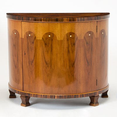 Lot 212 - Pair of Italian Art Deco Rosewood and Macassar Ebony Demilune Cabinets