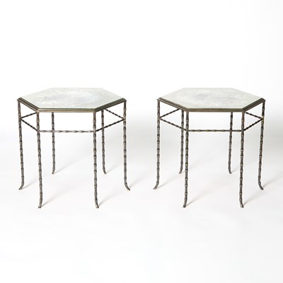 Lot 741 - Pair of Maison Jansen Octagonal Silvered Metal Mirror Top Side Tables