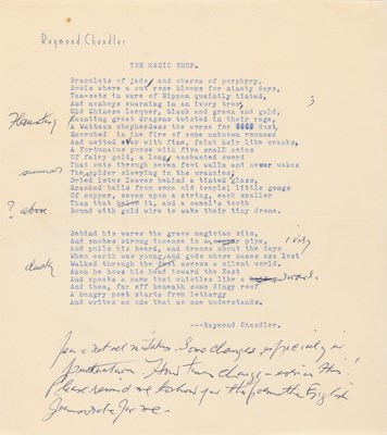 Lot The original autograph manuscript and typescript of Chandler's poem The Magic Shop