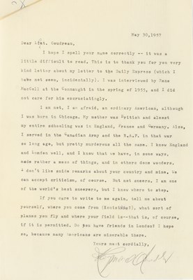 Lot 724 - Raymond Chandler defends the United States in response to a British article