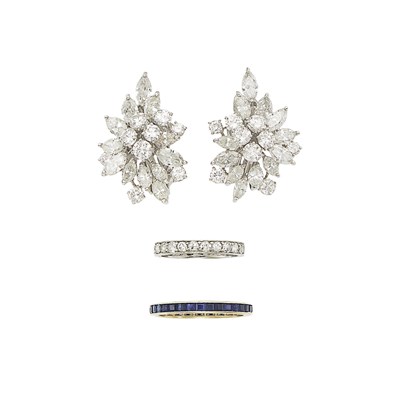 Lot 2094 - Pair of Platinum and Diamond Earclips, Sapphire Band Ring and White Gold and Diamond Band Ring