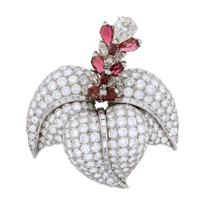 Lot 1174 - Platinum, Diamond and Briolette Garnet Clip-Brooch