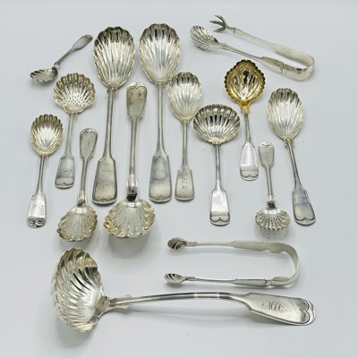 Lot 1155 - Group of American Sterling and Coin Silver Shell-form "Fiddle Thread" Pattern Serving Pieces