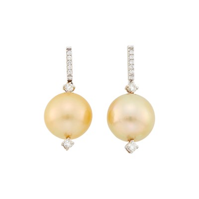 Lot 2110 - Pair of White Gold, Golden South Sea Cultured Pearl and Diamond Pendant-Earrings