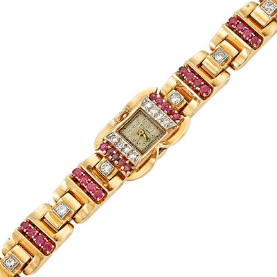 Lot 1075 - Gold, Ruby and Diamond Bracelet-Watch