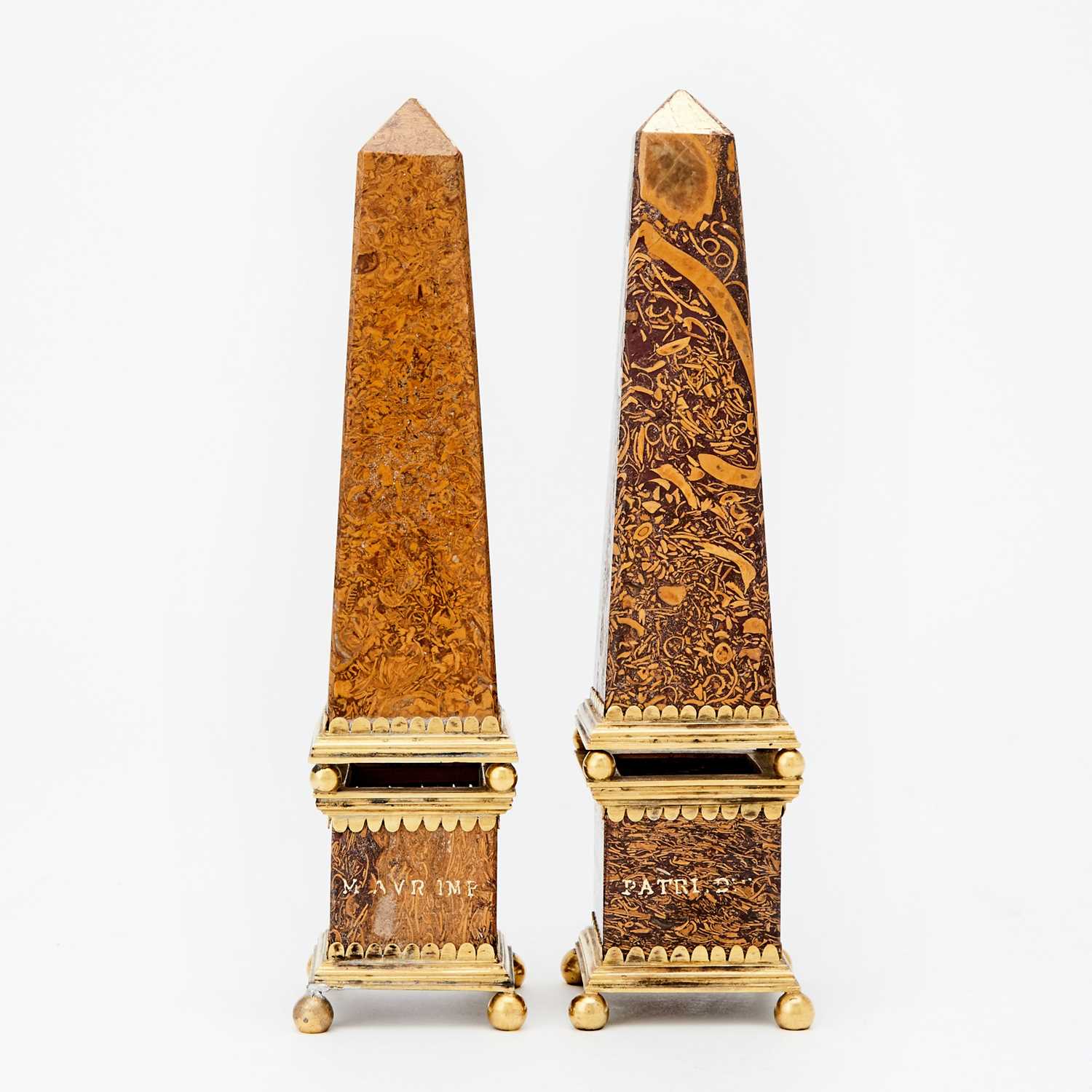 Lot 124 - Pair of Continental Ormolu-Mounted Mariam Jasper Obelisks