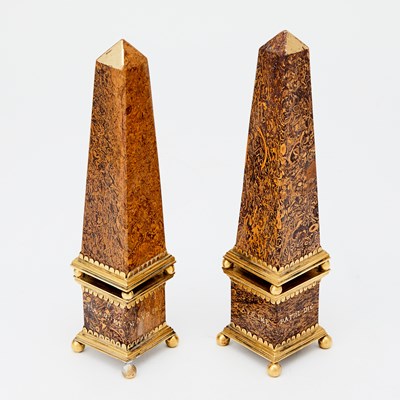 Lot 124 - Pair of Continental Ormolu-Mounted Mariam Jasper Obelisks