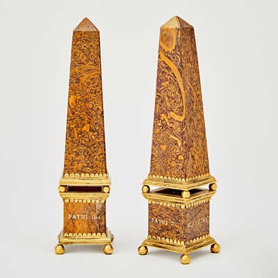 Lot 124 - Pair of Continental Ormolu-Mounted Mariam Jasper Obelisks