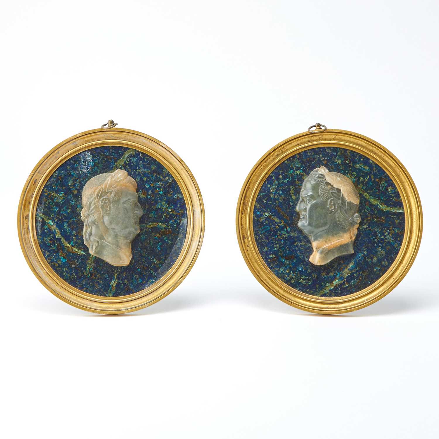 Lot 159 - Pair of Continental Ormolu-Mounted Azurite Malachite and Agate Cameo Portraits