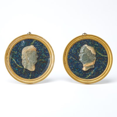 Lot 159 - Pair of Continental Ormolu-Mounted Azurite Malachite and Agate Cameo Portraits