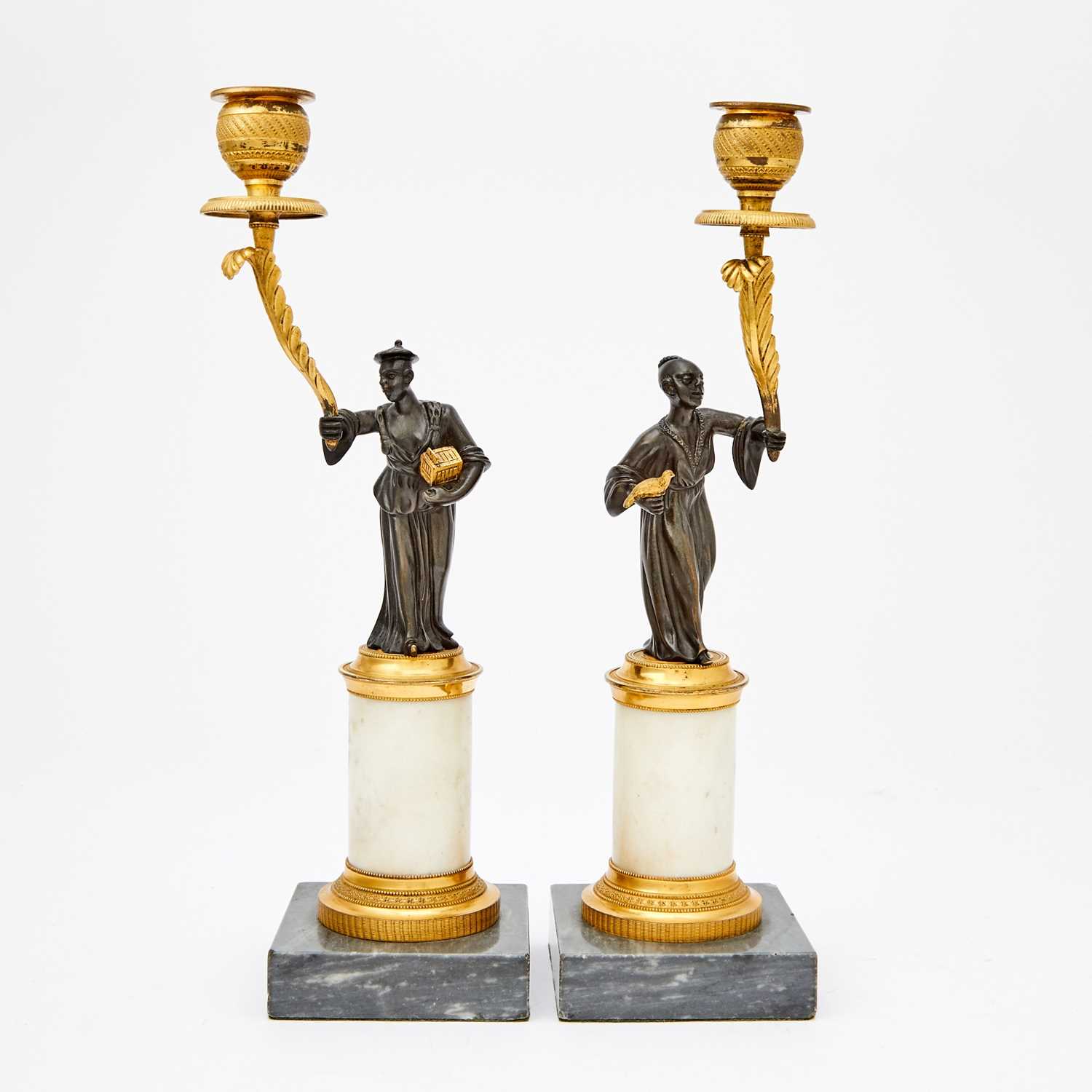 Lot 129 - Pair of Regency Ormolu and Patinated-Bronze Figural Candlesticks