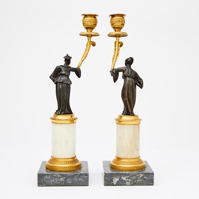 Lot 129 - Pair of Regency Ormolu and Patinated-Bronze Figural Candlesticks