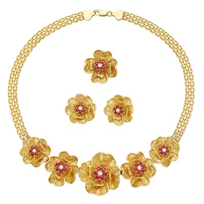 Lot 2062 - Gold, Ruby and Diamond Necklace, Pendant and Pair of Earrings