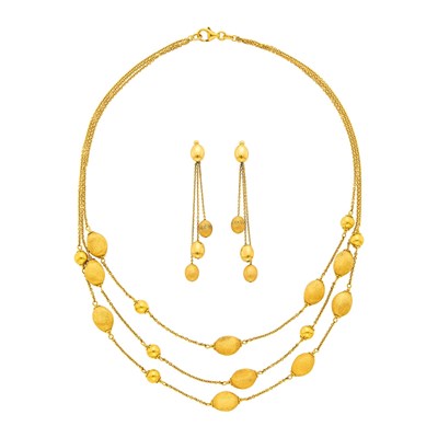 Lot 1123 - Triple Strand Gold Bead Chain Necklace and Pair of Pendant-Earrings