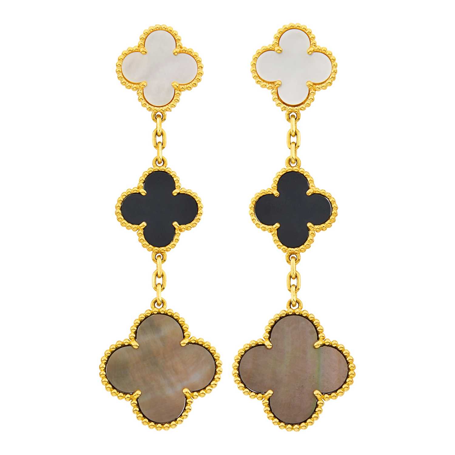 Lot 34 - Van Cleef & Arpels Pair of Gold, Bicolor Mother-of-Pearl and Black Onyx 'Magic Alhambra' Pendant-Earrings, France