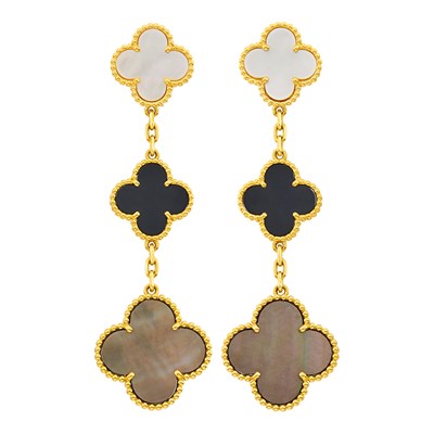 Lot 34 - Van Cleef & Arpels Pair of Gold, Bicolor Mother-of-Pearl and Black Onyx 'Magic Alhambra' Pendant-Earrings, France