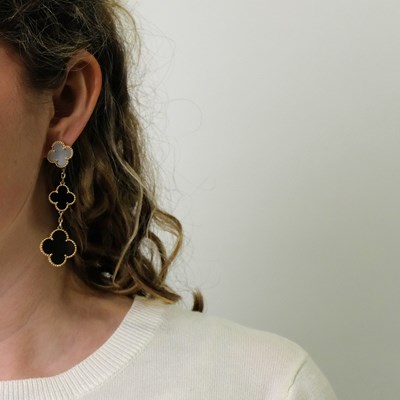 Lot 34 - Van Cleef & Arpels Pair of Gold, Bicolor Mother-of-Pearl and Black Onyx 'Magic Alhambra' Pendant-Earrings, France