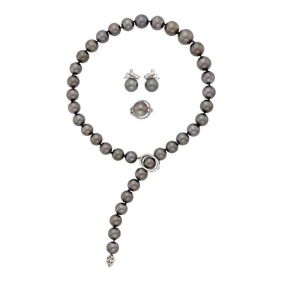 Lot 1074 - Tahitian Gray Cultured Pearl Necklace with White Gold and Diamond Slide Clasp, Pair of Earrings and Ring