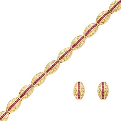 Lot 2064 - Gold, Ruby and Diamond Slide Bracelet and Pair of Earrings