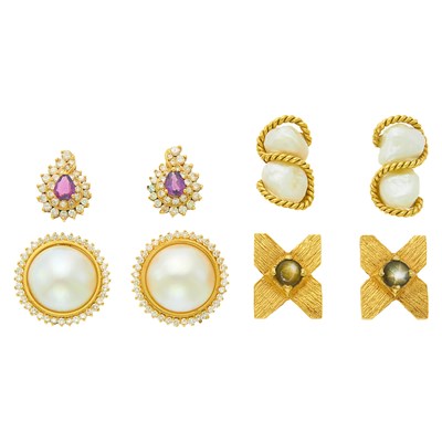 Lot 2305 - Four Pairs of Gold, Cultured and Freshwater Pearl, Diamond and Earrings