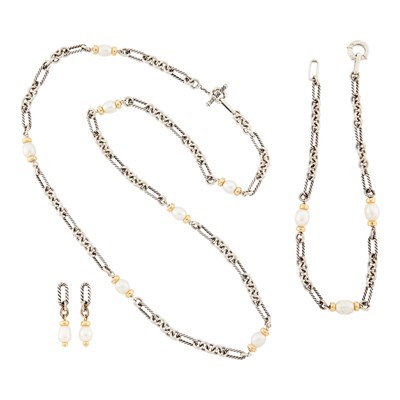 Lot 2263 - David Yurman Two Silver, Gold and Cultured Pearl Chain Necklaces and Pair of Earrings