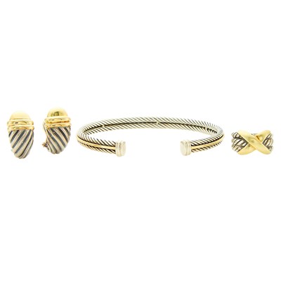 Lot 2259 - David Yurman Silver and Gold Bangle Bracelet. Ring and Pair of Earrings