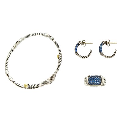 Lot 2271 - David Yurman Silver, Gold and Diamond Bracelet, Pair of Silver and Sapphire Hoop Earrings and Ring