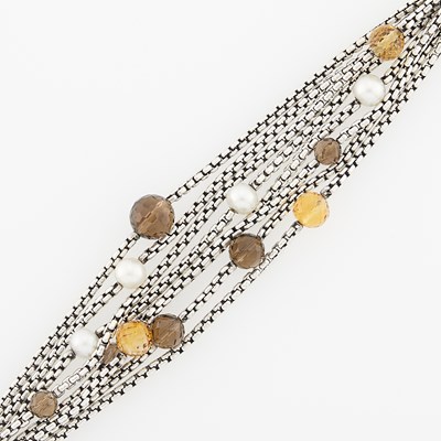 Lot 2262 - David Yurman Multistrand Silver, Gold, Cultured Pearl, Citrine and Smoky Quartz Bracelet