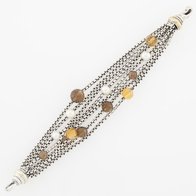 Lot 2262 - David Yurman Multistrand Silver, Gold, Cultured Pearl, Citrine and Smoky Quartz Bracelet