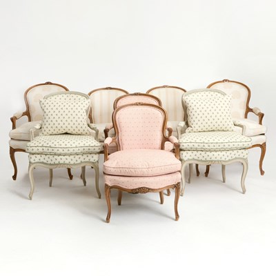 Lot 247 - Assembled Set of Twelve Louis XV Style Upholstered Beechwood Fauteuils