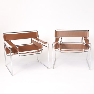 Lot 357 - Pair of Marcel Breuer Chromed Metal and Leather "Wassily" Armchairs