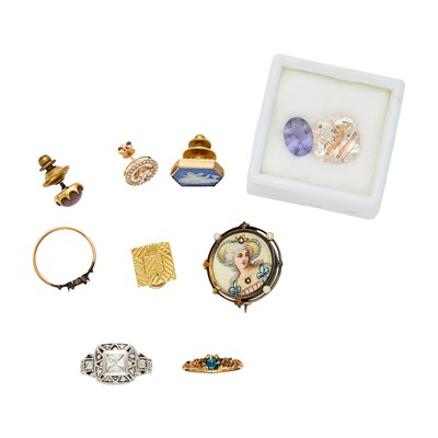 Lot 2284 - Group of Gold and Metal Jewelry, Fragments and Two Unmounted Stones